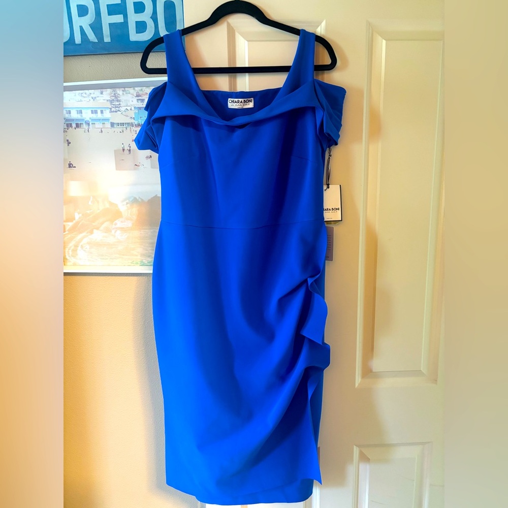 Chiara Boni Royal Blue Off-Shoulder Midi Dress
